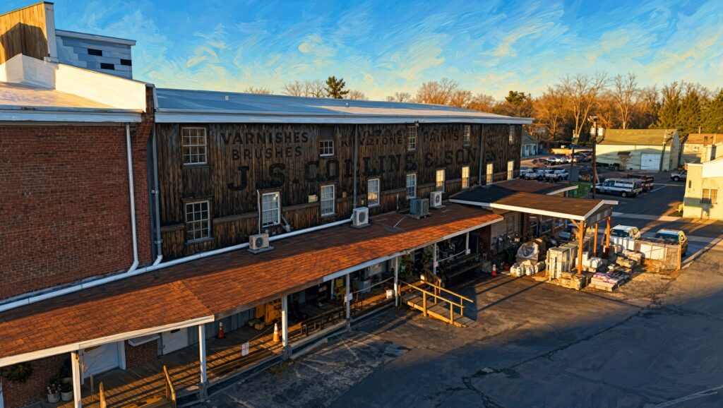Historic J.S. Collins & Son lumber yard building at 300 Mill Street in Moorestown, New Jersey, with original painted sign for varnishes, brushes, and paints; now home to Townehaus behind Moorestown Hardware.
