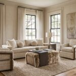 Sherrill Auré living room with Jima sofa and Indy swivel chairs in a cream paneled room, shown at Townehaus in Moorestown, New Jersey