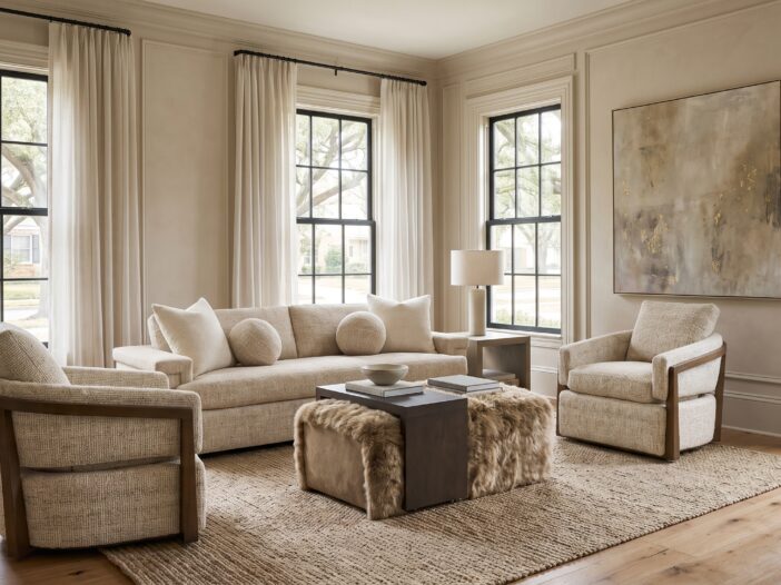 Sherrill Auré living room with Jima sofa and Indy swivel chairs in a cream paneled room, shown at Townehaus in Moorestown, New Jersey