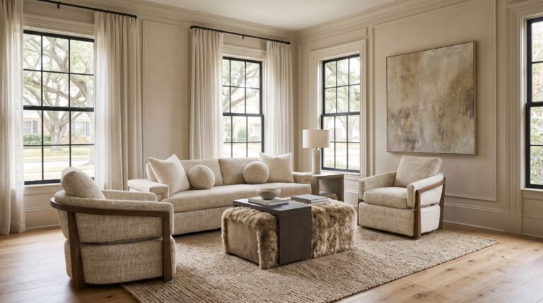 Sherrill Auré living room with Jima sofa and Indy swivel chairs in a cream paneled room, shown at Townehaus in Moorestown, New Jersey