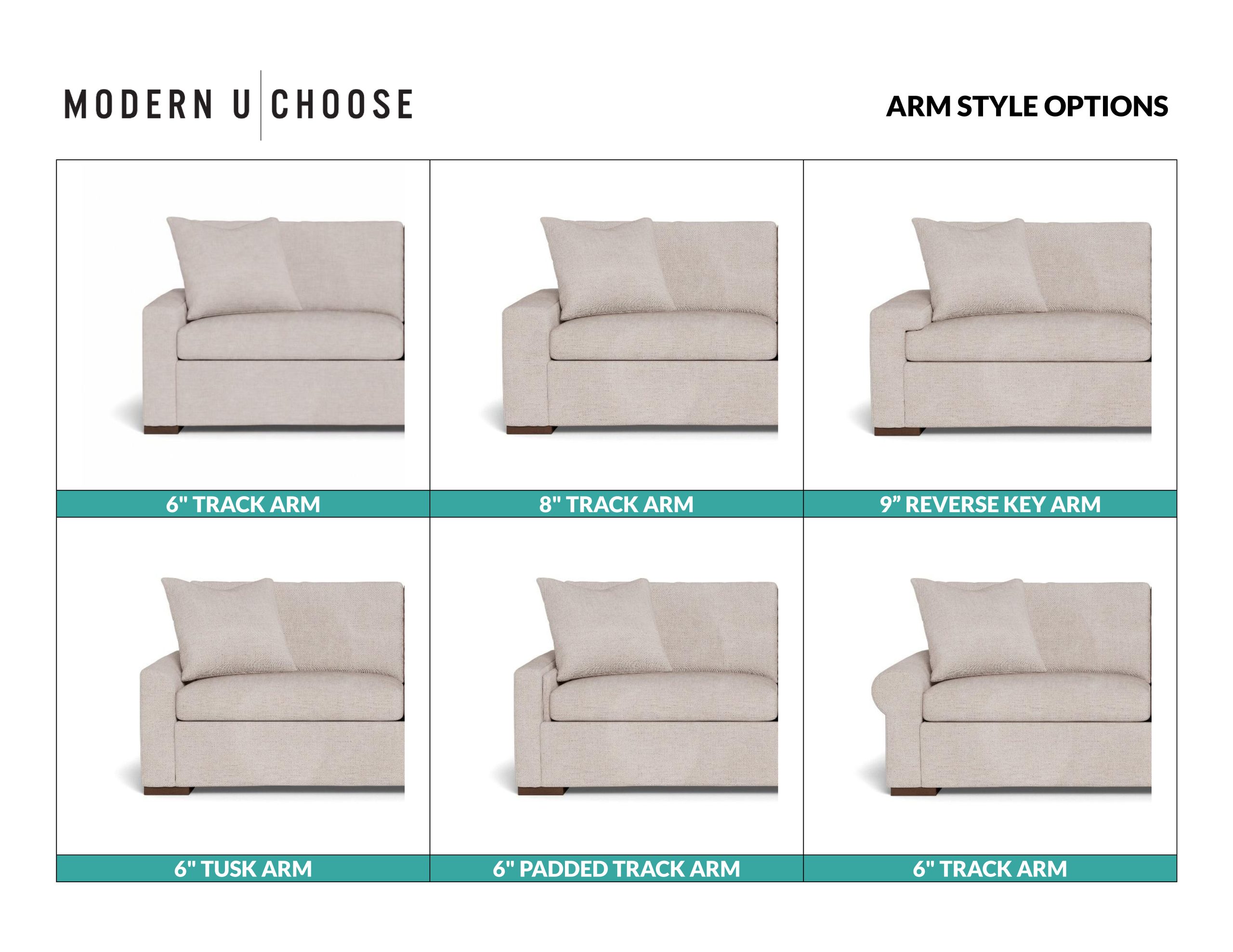 Six Modern U Choose arm styles: 6-inch track, 8-inch track, 9-inch reverse key, 6-inch tusk, 6-inch padded track, and track arm.