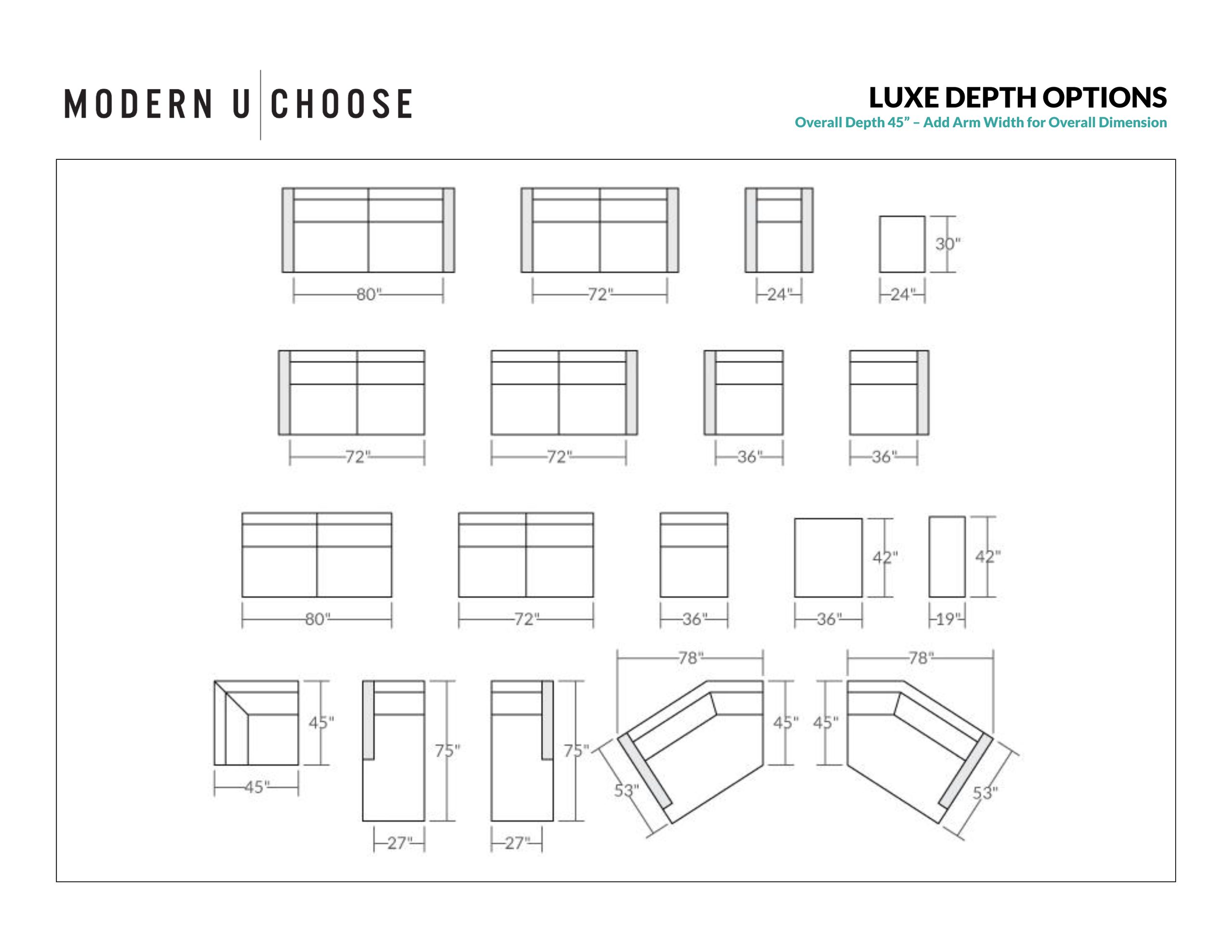 Scale drawings of Modern U Choose Luxe-depth frames, 45 inches overall, with sofas, chairs, chaises, and corners.
