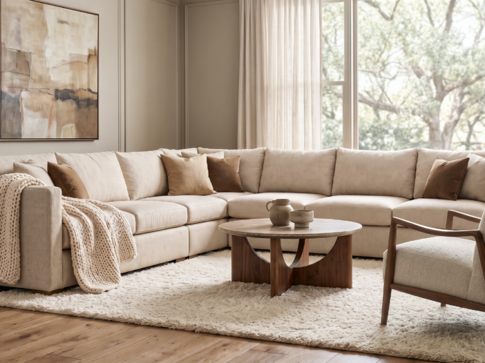 Light neutral Modern U Choose sectional in a Crypton performance fabric, styled with a Lucca chair in a sunlit living room at Townehaus and Interior Made in Pennsauken.