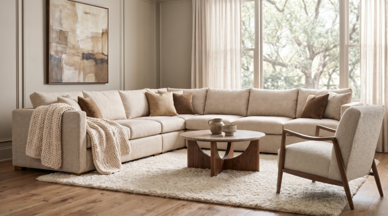 Light neutral Modern U Choose sectional in a Crypton performance fabric, styled with a Lucca chair in a sunlit living room at Townehaus and Interior Made in Pennsauken.