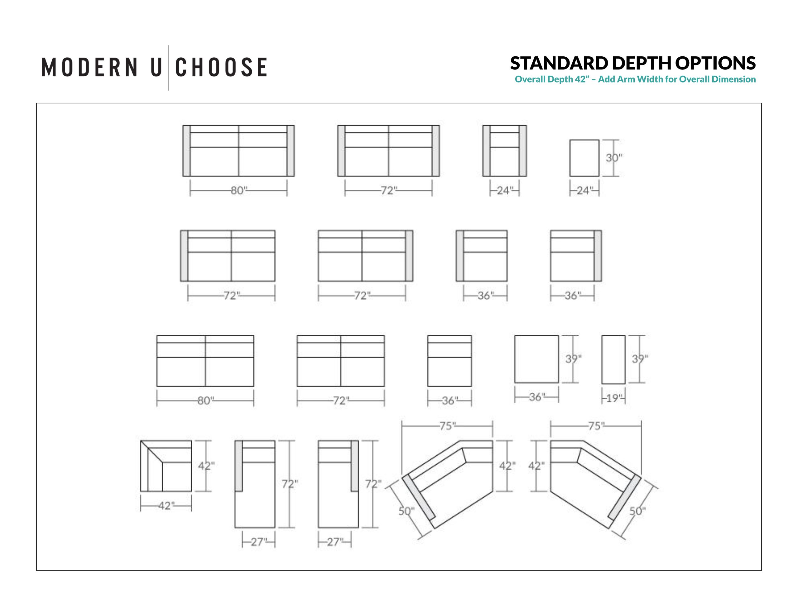 Scale drawings of Modern U Choose standard-depth frames, 42 inches overall, including the 72-inch apartment sofa, sofas, chairs, chaises, and corners.